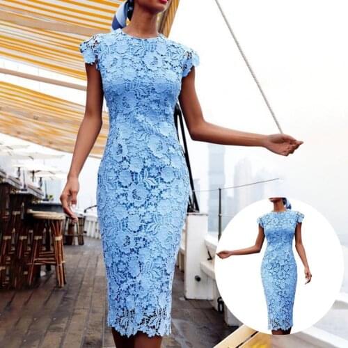 2021 Summer Women Fashion Pencil Dress O Neck Hollow-carved Design Sleeveless Robe Mid Waist Lace Evening Dresses Party Vestidos