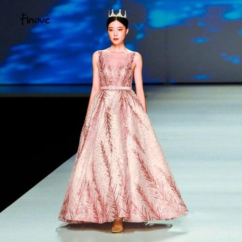 Finove Luxury Evening Dresses New Arrivals 2020 Rose Golden Shining Sashes A-Line Backless Vintage Formal Party Dress Ball Gowns
