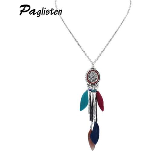 2017 Fashion retro Star Mang round beads sweater chain carving flower language oval tassels feather necklace and pendant