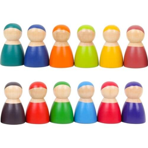 2020 New Montessori Set Of 12 Rainbow Friends Peg Dolls Wooden Pretend Play People Figures Baby Toy Environmental Safety Paint