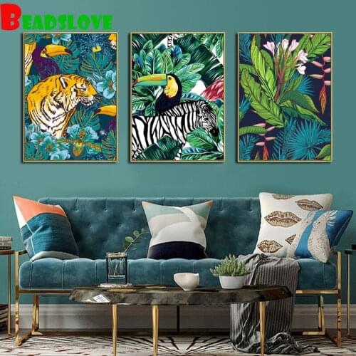3pcs 5D DIY Diamond Painting Beautiful leaves and tiger Full Square round Drill Diamond Embroidery Cross Stitch G247