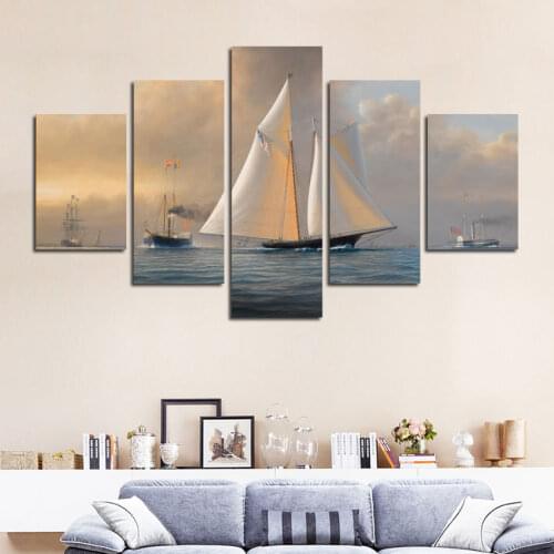 5Pcs Combined Canvas Paintings Sailboat Landscape Medieval Voyage Magnificent Wall Art Pictures for Living Room Decoration