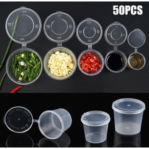 50PCS Plastic Takeaway Sauce Cup Containers 25/50/100ml Round Shape Packaged Sauce Cup for Sale Palette Disposable Box