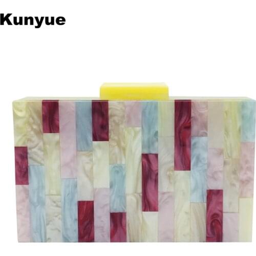 Brand Fashion Women Acrylic Striped Party Clutch Purse Elegant Lady Prom Patchwork Colors Chic Evening Bag Casual Chains Handbag