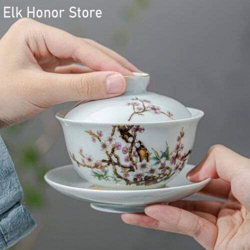 200ml Retro Sancai Tea Tureen Flower Bird Ceramic Cover Bowl Kung Fu Household Teaset Tea Cup Cover Bowl Pu'er Tea Ceremony Gift