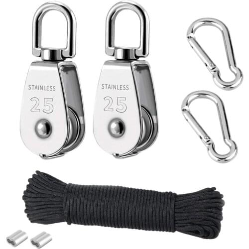 Hot YO-2Pcs M25 Crane Pulley Block Single Pulley Block Hanging Wire Towing Wheel 20 Meter Nylon Pulley Line Rope