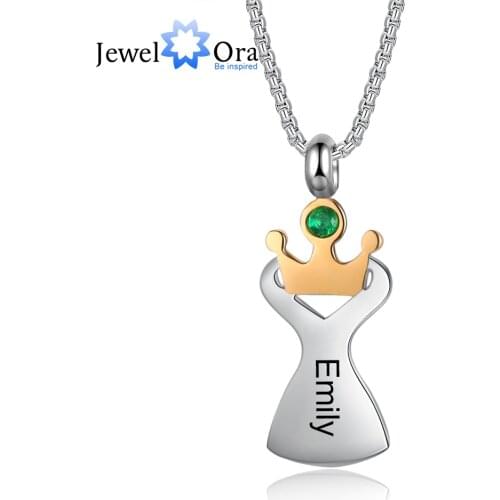 JewelOra Designer Customized Crown Necklace with Engraving Name Personalized Birthstone Pendant Jewelry Gift for Girlfriend