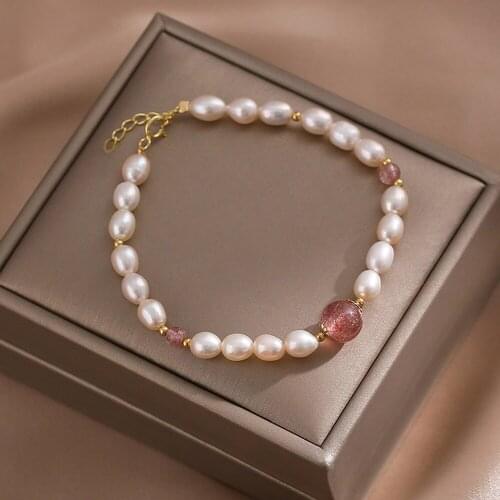 Trendy Rice Shape Pearl and Strawberry Crystal Beaded Bracelet Handmade Stainless Steel 18KP Jewelry Bracelet for Women