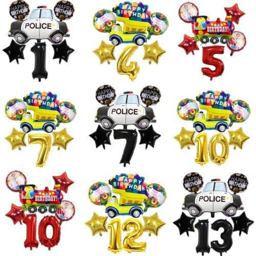 Cartoon Train Police Car Foil Balloons Trucks Ball with Digit Number Helium Balloon Birthday Party Decorations Kids Baby Showers