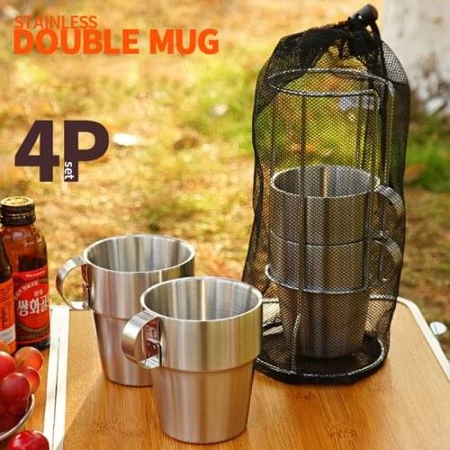 Non-magnetic stainless steel double layer cup 4-piece set picnic heat insulation anti-scalding coffee mug beer mug