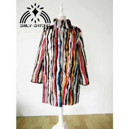 New genuine natural mink fur coat women fashion stand collar long jacket ladies colorful multi-color vertical bar outwear