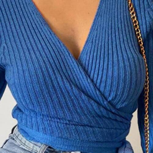 Slim Women Sweater 2021 Ribbing Cross V Neck Autumn Winter Long Sleeve Bandage Knitted Top Women Pullover Sweater