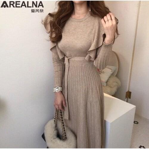 Dresses for women 2020 Korean Elegant Knitted Dress Women Long Sleeve Ruffled Bandage party A-line Pleated woman dress Vestidos