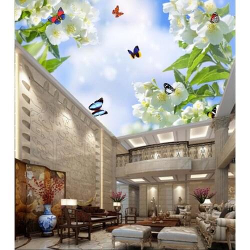 Sky ceiling wallpaper Beautiful flowers butterflies blue sky and white clouds ceiling