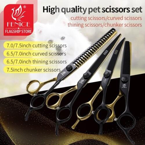 Fenice Pet Professional Dog Grooming Scissors Cutting Curved Thinning Shear Set Japan 440C Scissor Kit for Animal Beauticians