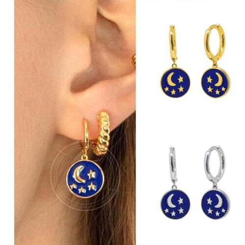 925 Sterling Silver Moon and Star Pendant Hoop Earrings for Women Blue Circle Earrings Fashion Females Jewelry Accessories