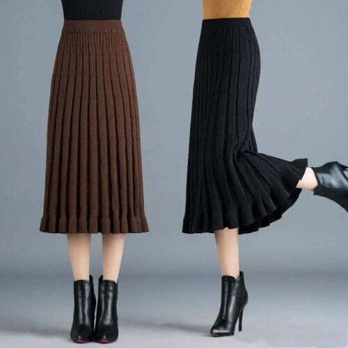 Knitted pleated skirt mid-length women skirt 202 autumn winter female new style long skirt thickened high waist woolen skirt W65