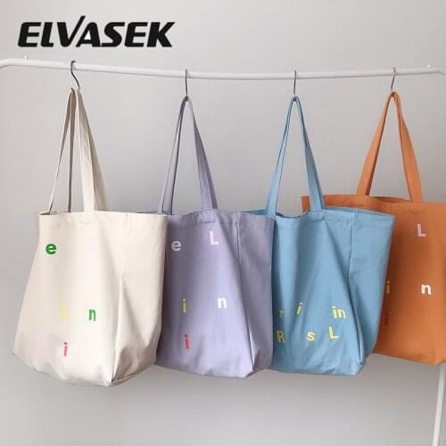 Womens Reusable Shopper Bag Simple Letter Print Large Capacity Korean Thick Cotton Canvas Shoulder Bag Casual Tote Handbag