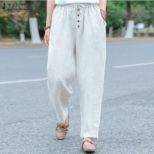 Womens Autumn Trousers ZANZEA 2021 Elegant Solid Harem Pants Casual Elastic Waist Long Pantalon Palazzo Cottton Turnip Oversize