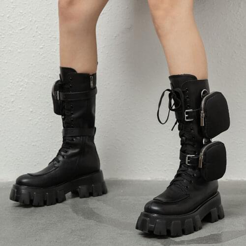 RIBETRINI Female Stylish Brand Bags Motorcycle Boots shoes lace Platform Chunk Boots Women Autumn Designer Shoes Woman