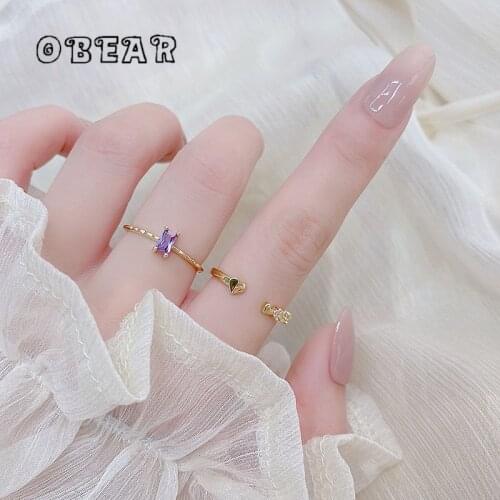 OBEAR 14k Real Gold Plated Purple Zircon Geometric Heart Adjustable Ring Women Fashion All-Match Party Jewelry