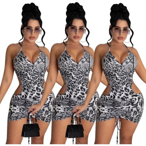 Summer 2021 New Women Sexy Tight Backless Bandage Leopard Spaghetti Strap Above Knee Mini Bodycon Dress