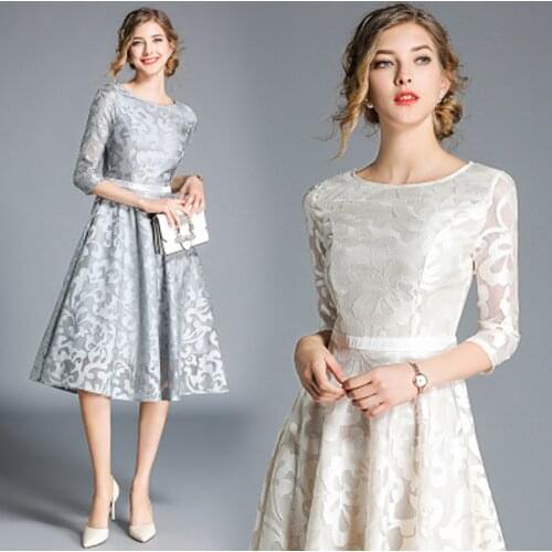 Woman spring autumn knee-lenght dress women lace elegant dress and ladies dress O-Neck Vintage Solid A-line dress for woman