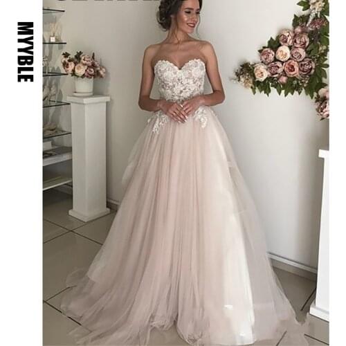 Blush Pink Tulle Wedding Dress 2021 Elegant Appliqued Lace Sweetheart Sweep Train Cheap Wedding Gowns A-line Boho Bride Dresses