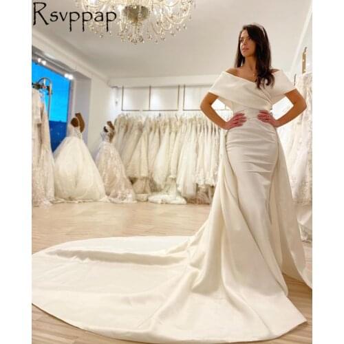 Ivory Mermaid Long Wedding Dresses 2021 Elegant Off The Shoulder Neck Taffeta African Bridal Wedding Gowns Detachable Train