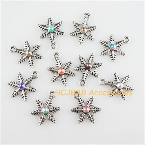 30Pcs Tibetan Silver Tone Snowflake Mixed Acrylic Flower Charms Pendants 13.5x18mm