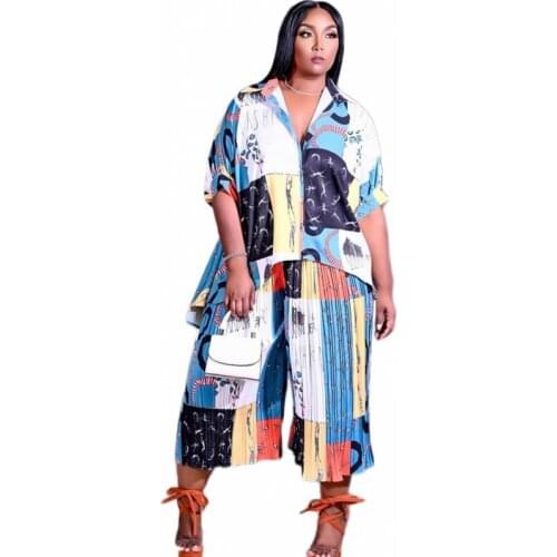 4XL Plus Size Women Clothing Shirt Long Tops And Pleated Pant Suits 2021 New Print Loose Casual Streetwear Two Piece Set Outfits