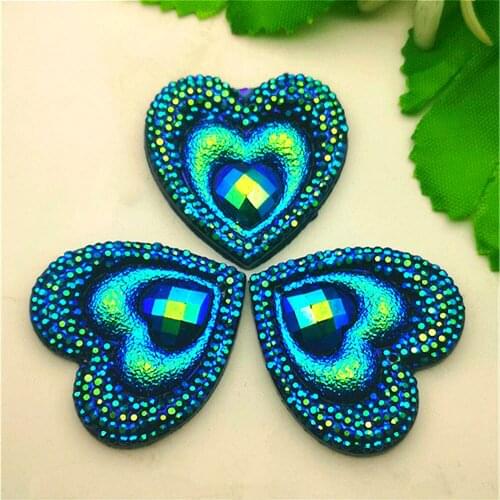 6PCS 30mm AB Resin Heart Shape Rhinestone Flatback Wedding Diy Buttons