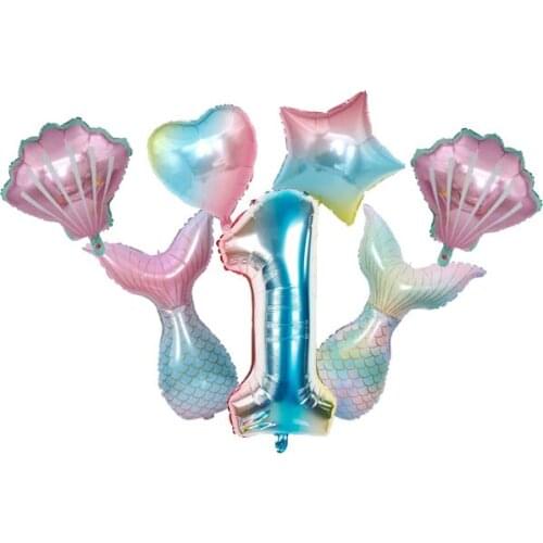 7Pcs Mermaid Birthday Girl Decor Foil Balloons Mermaid Theme Set,Happy Birthday Banner 32inch Number Mylar Balloons