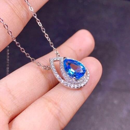 925 Silver Natural sapphire Blue Water Drop of The Ocean Necklace Pendants for Women Classic Valentine Gifts Embellished