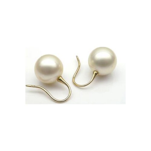 Free shipping>>>>noble jewelry 12-12.5mm Round Cream Genuine South Sea Pearl Hook Drop Earrings 14k Yellow Gold