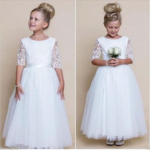 Beige Tulle White Lace Flower Girl Dresses for Wedding One Sleeve Kids Pageant First Communion Gown