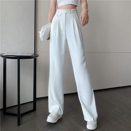 Summer Solid Casual Straight Wide Leg Pants Women Elastic High Waist Palazzo Pants Streetwear Elegant Office Ladies Trousers