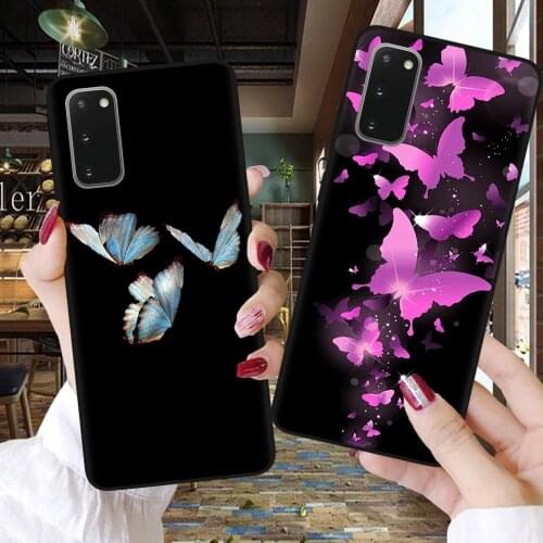 Black Silicone Back Cover For Samsung S8 S9 S10 S20 FE S21 Plus Ultra S10E Cartoon Blue Butterfly Phone Case For Samsung 21 Plus