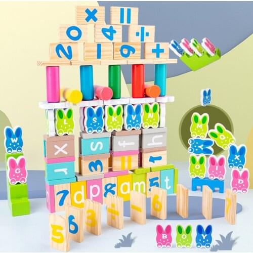 Domino Wooden Building Blocks Educational Toys Solid Wood Stacking Game Alphanumeric Cognitive Learning Toys Children Gifts