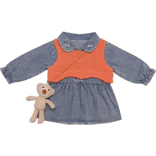 Kids 1-8 years two piece suit 2020 spring/autumn girls fashion long sleeve denim dress + knitted waistcoat vest pullover clothes