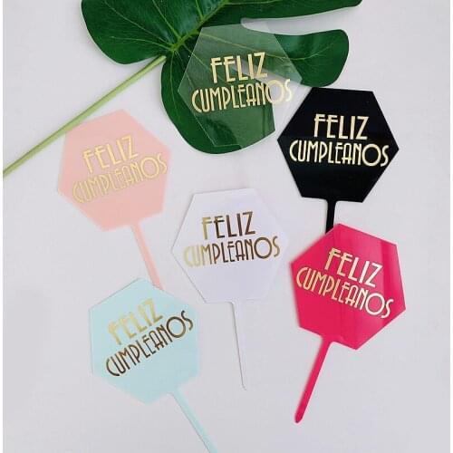 Spanish Feliz Cumpleanos Cake Topper Hexagon Solid Color Happy Birthday Cake Topper For Espanol Birthday Party Cake Decorations