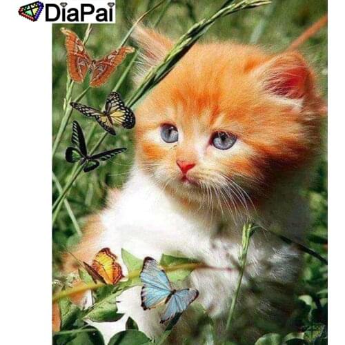 DIAPAI Paint With Diamond Embroidery "Animal cat butterfly"Diamond Painting Full Square Round Picture Of Rhinestone Decor A25440