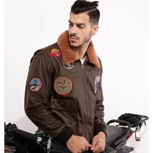 Mens Brown Genuine Leather Jacket Pilot Jacket Wool Collar Real Cowhide Winter Vintage Pilot Coat
