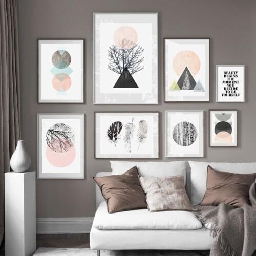 Color Block Feather Mountain Tree Abstract Art Canvas Painting Nordic Posters And Prints Wall Pictures For Living Room Decor