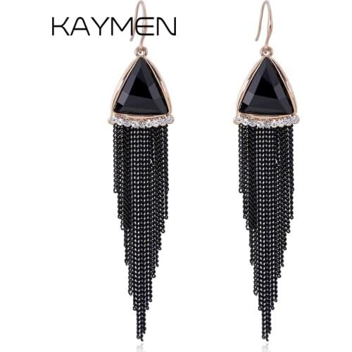 New arrival triangle glass stone with black Chains tassels statement drop earrings for girl 5 colors long dangle earrings