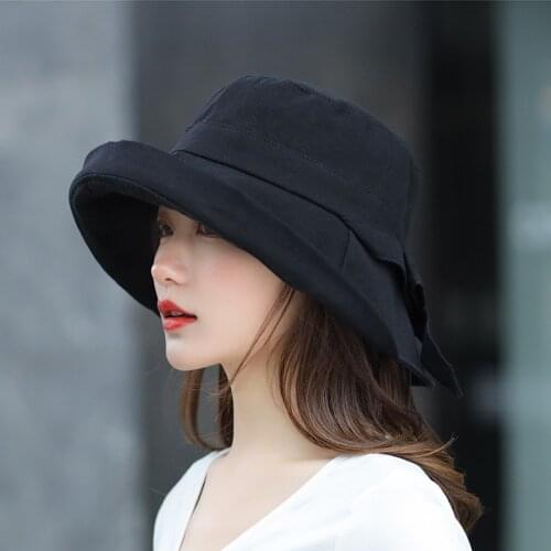 New Summer Black Bow Bucket Hat Women Fashion Korea Bob Cotton Panama Sun Hats Fishermans Cap