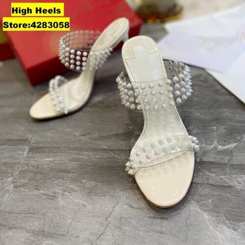 Casual Designer Women Shoes Transparent Spikes Sandals Sequins Slippers Ladies Stiletto Heels Slippers Zapatillas Zapatos Mujer