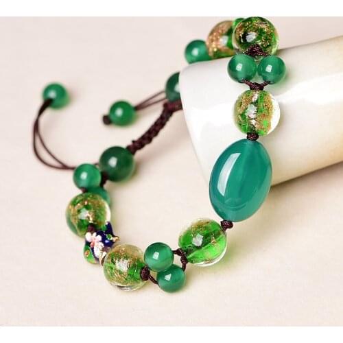 Retro Natural Green Agate Jade Beads Adjustable Bracelet Charm Jewellery Fashion Hand Knitted Amulet Gifts Women Luck Bangle