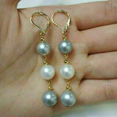 Handmade AAA South Sea 8-9mm White&gray Pearl Earrings