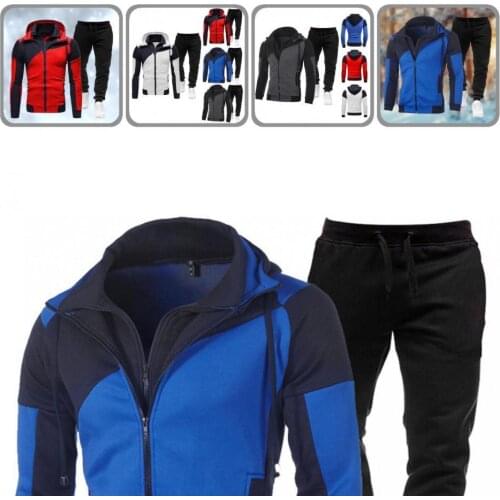 2 Pieces Fashion Pockets Zipper Sweatshirts Ankle Tied Pants Set Breathable Men Tracksuit Set Color Block for Office
